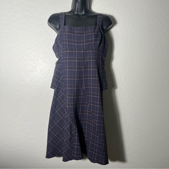 BCBGMAXAZRIA Navy Brown Plaid Apron Square Neck Asymmetrical Dress 8 M - Picture 3 of 15